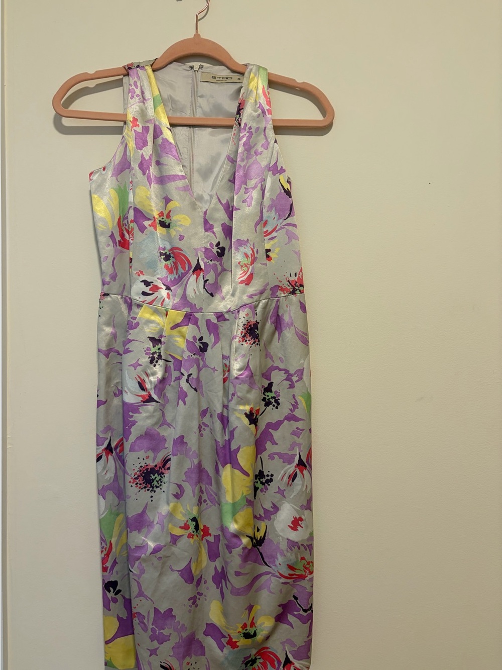 Etro Lavender Floral V-Neck Midi Dress with Yellow & Red Accents